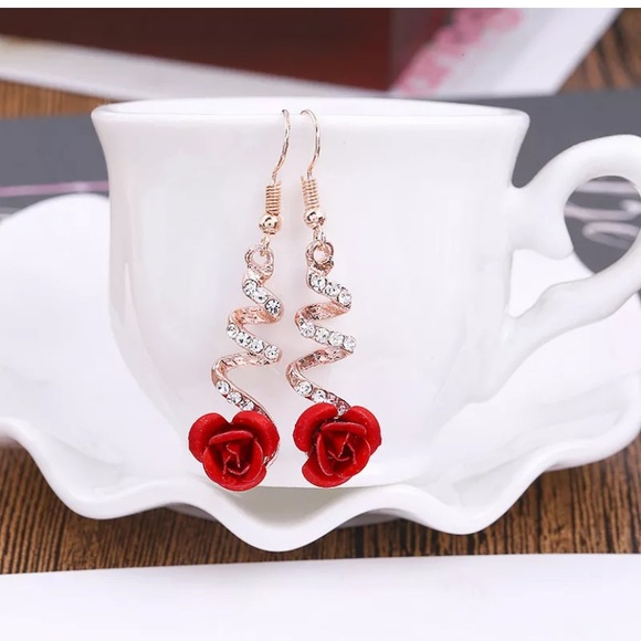 Crystal Red Rose Flower Dangle Drop Earrings - Picture 3 of 4
